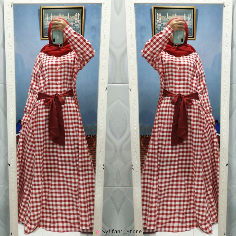 Gamis Katun Motif Tartan Pita / Gamis Katun Motif Kotak-Kotak