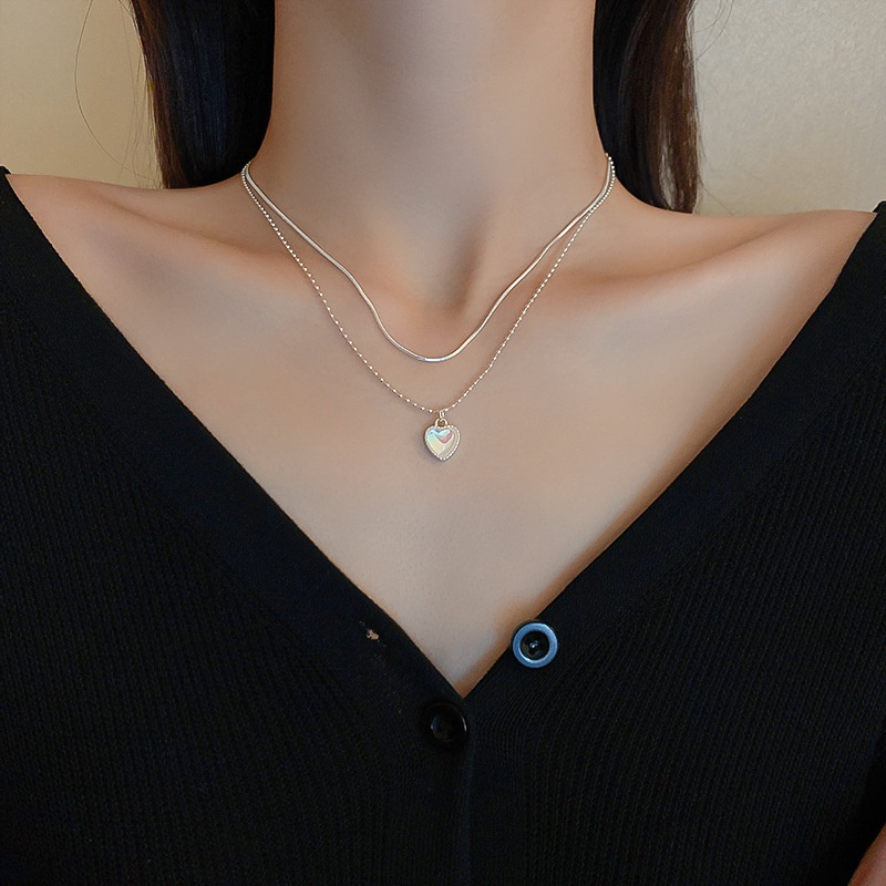 Kalung Choker Liontin Hati Opal Warna Silver Untuk Wanita