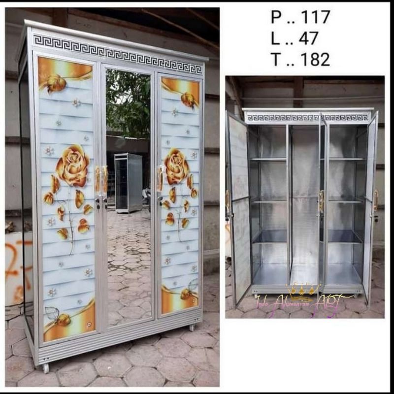 Almari Baju / Pakaian Pintu 3 Kaca Motig Bunga Emas Bahan Alumunium
