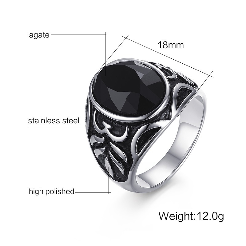 Cincin Desain Bunga Bulan Sabit Bahan Stainless Steel Hias Kristal Onyx Hitam Gaya Vintage Untuk Pria