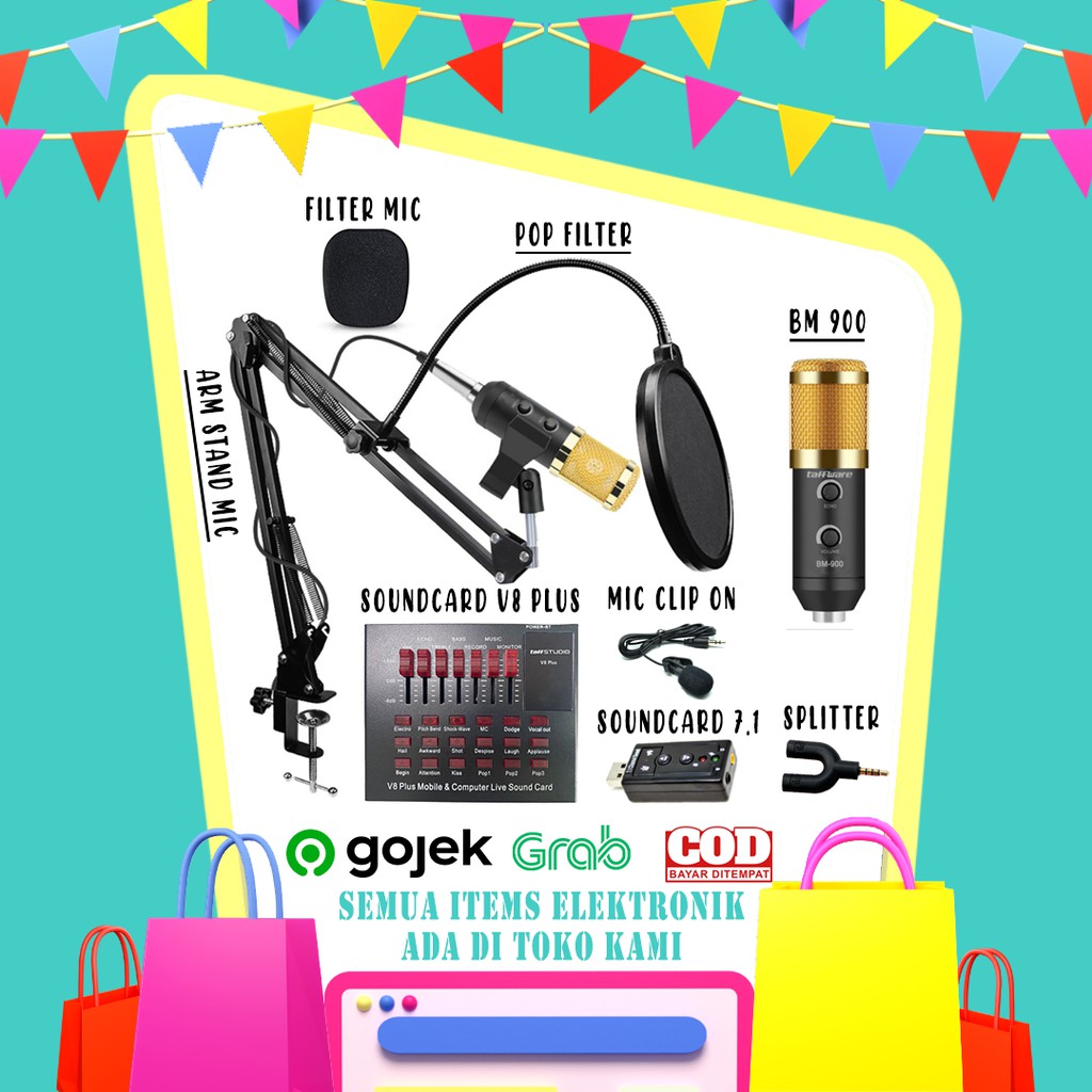 Paket Hemat New Bm 900 & Soundcard V8 Plus Recording Broadcast Smule