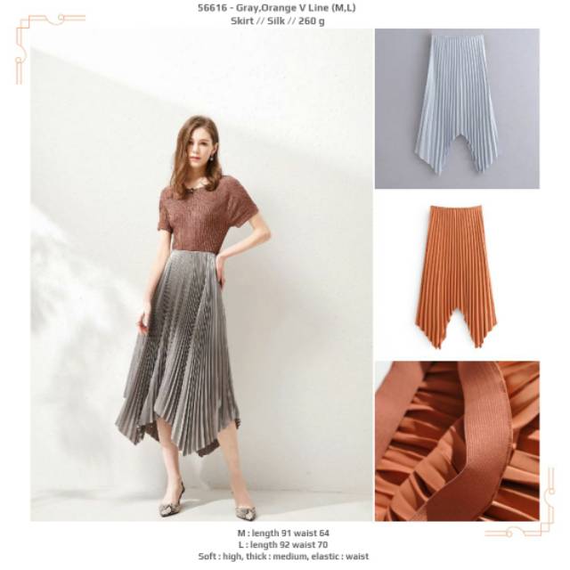 Rok panjang premium pleated polos abu orange asimetris
