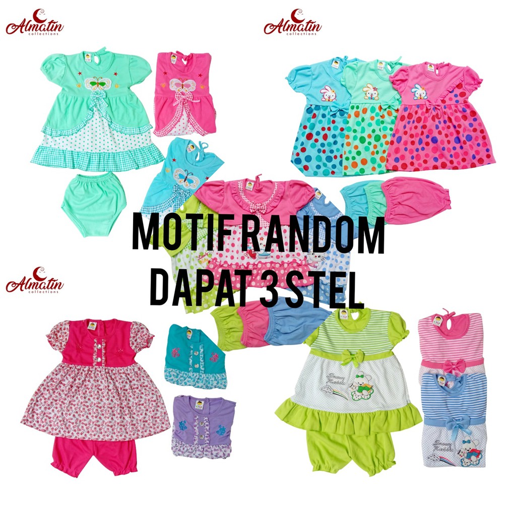 3 Stel Baju Bayi Perempuan Setelan Dress MOTIF RANDOM / Dress baby 3-18 bulan Newborn dress baby