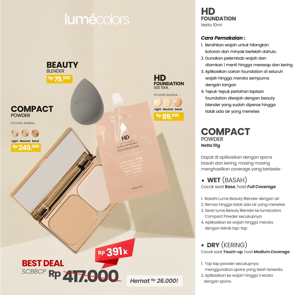 (Free Emas) Lumecolors Paket Hemat Bundling Compact + Beauty Blender + FD Sachet