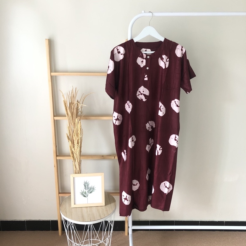 hirafa - Daster Shibori Tie Dye / Daster Pendek Baju Tidur Santai Motif Jumputan-Maroon