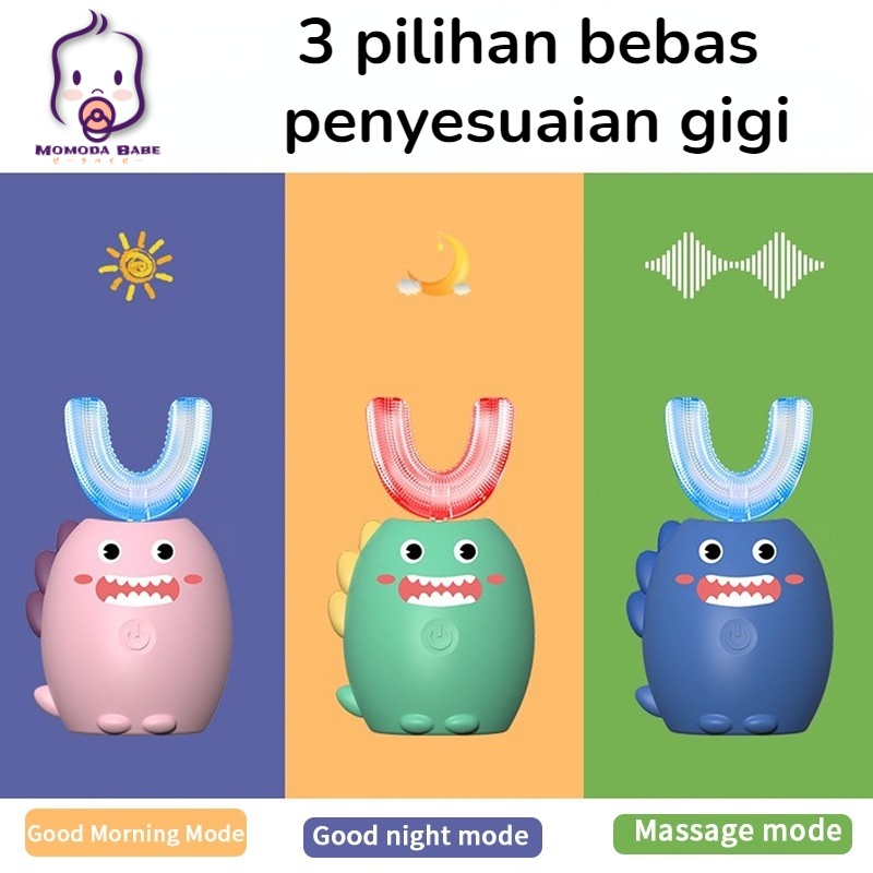 MOMO Sikat Gigi Anak Elektrik Berbentuk U 360° Sikat Gigi Bayi Dino Lucu Usia 2-12 Tahun Kering Udara Otomatis