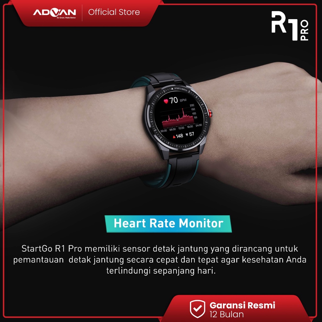 Advan Startgo Smartwatch R1 Pro 1.3 inci | Pemantauan SpO2 24 Jam | Blood Oxygen | 15 mode olahraga Garansi Resmi 12 Bulan - Black Red