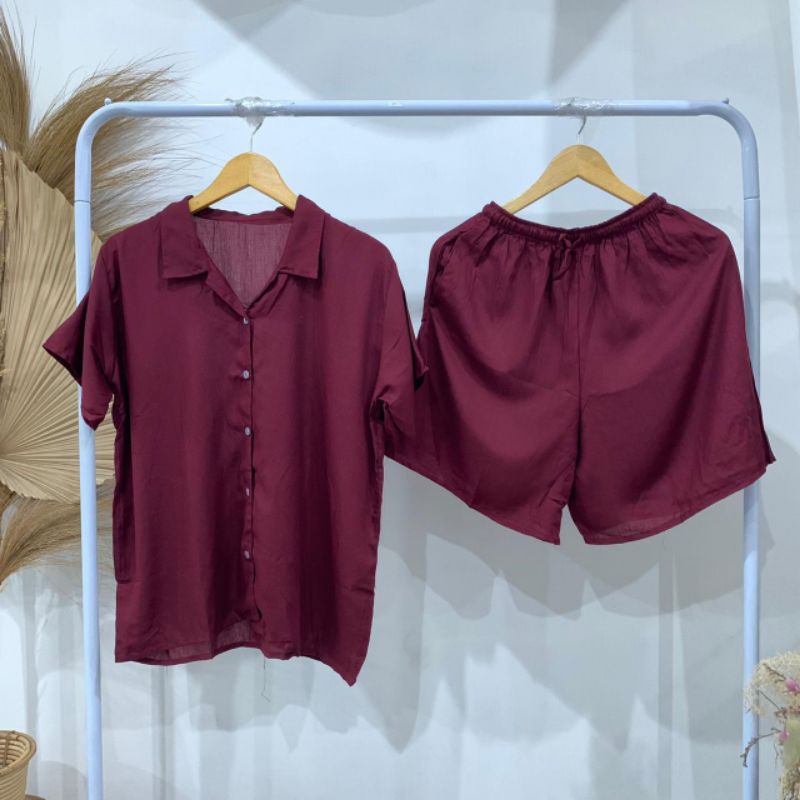 PIYAMA KANCING PENDEK | PIYAMA RAYON | BAJU TIDUR RAYON-KCB MAROON