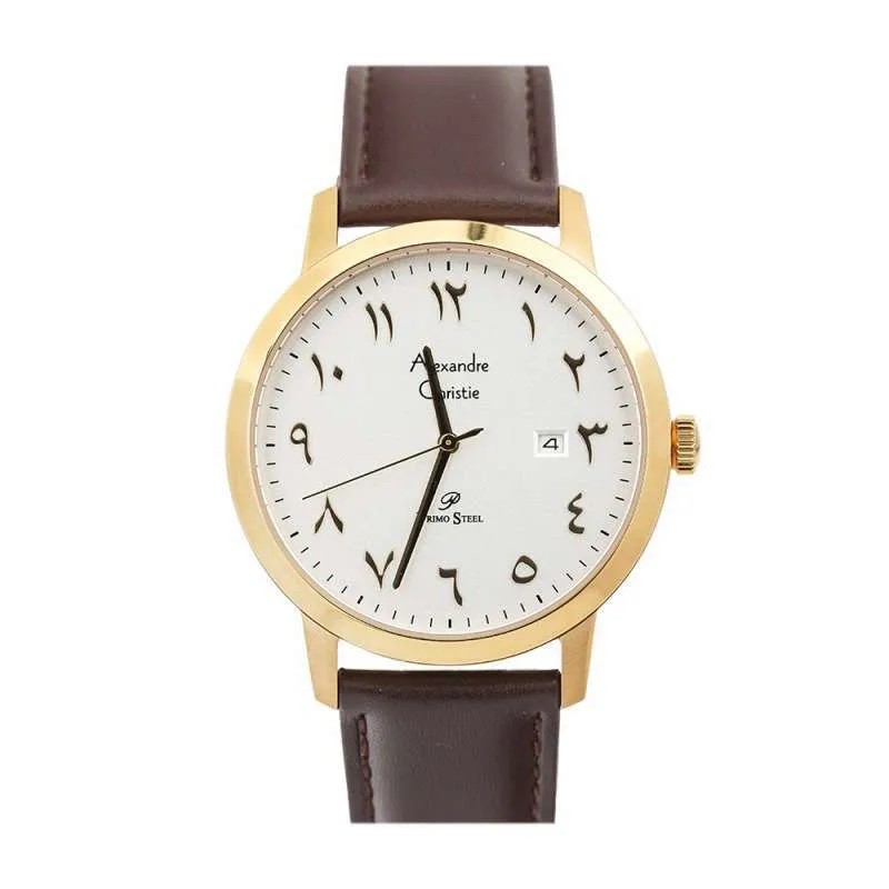 JAM TANGAN PRIA ALEXANDRE CHRISTIE AC1024 MDLGPSL LEATHER ARABIC NUMBERS