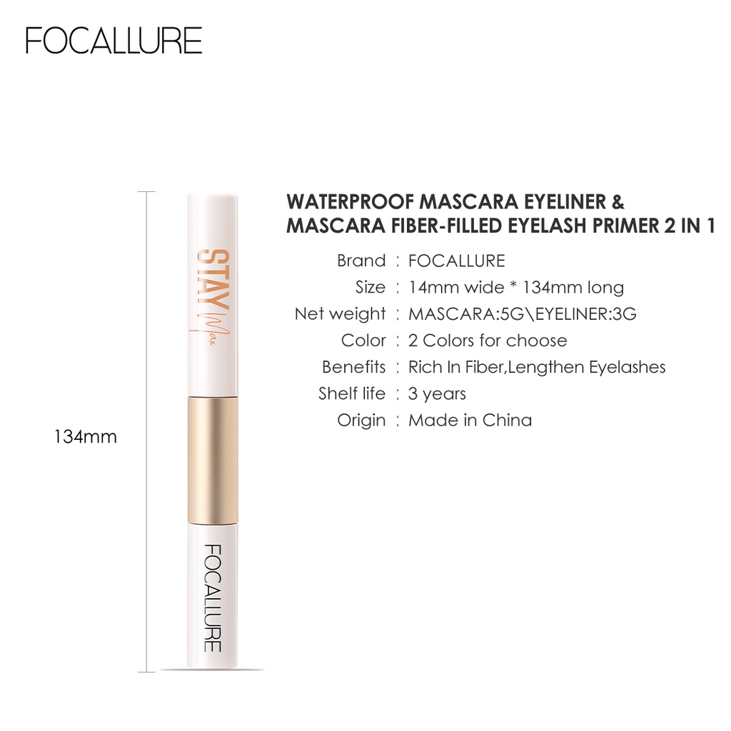 FOCALLURE Volumizing Mascara &amp; Waterproof eyeliner fiber eyelash primer 2 IN 1 mudah dibawa