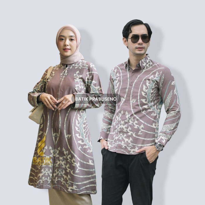 Baju batik Couple Sahiba Ungu Couple Pasangan Batik Pria Wanita Tunik Kemeja - Couple, S