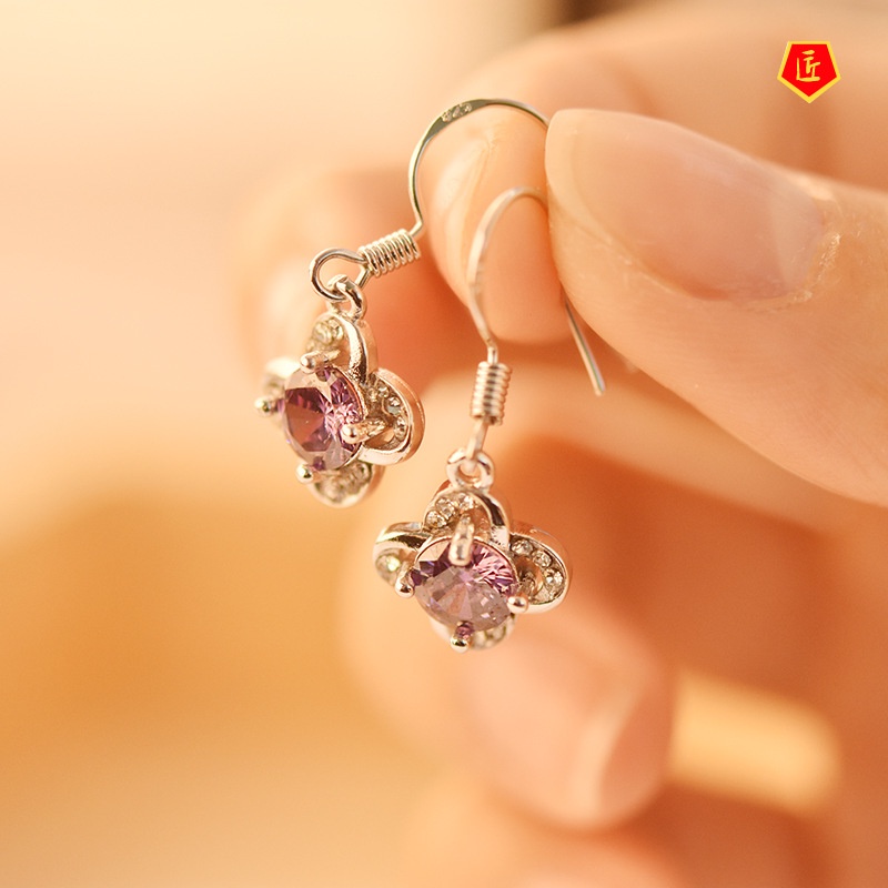 [Ready Stock]Elegant Personality Clover Purple Diamond Earrings for Women