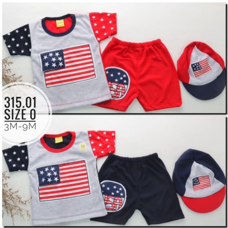 USA FLAG SET | SETELAN ANAK + TOPI | 3-9 BULAN