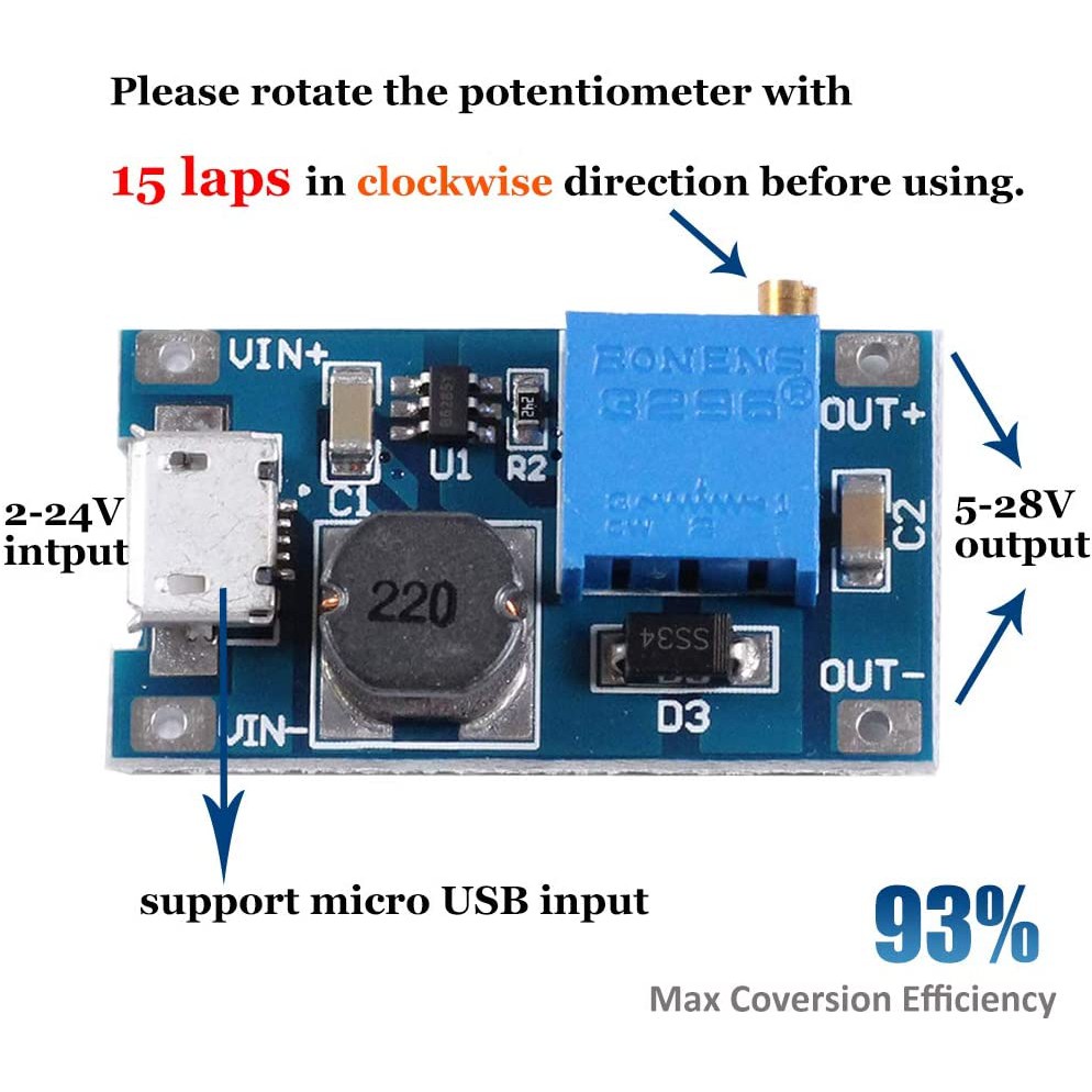 MT3608 DC-DC Voltage Step Up Adjustable Boost Power Module 2A 2-24V to 5-28V