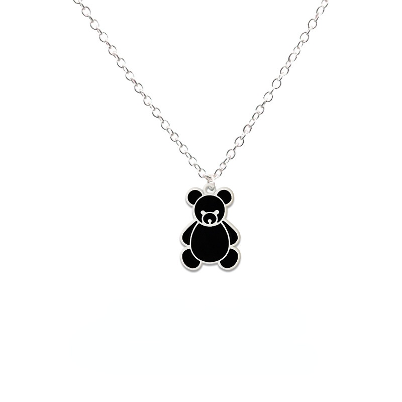 Kalung Rantai Liontin Kartun Beruang Lucu Ala Korea Warna Hitam / Putih Untuk Wanita