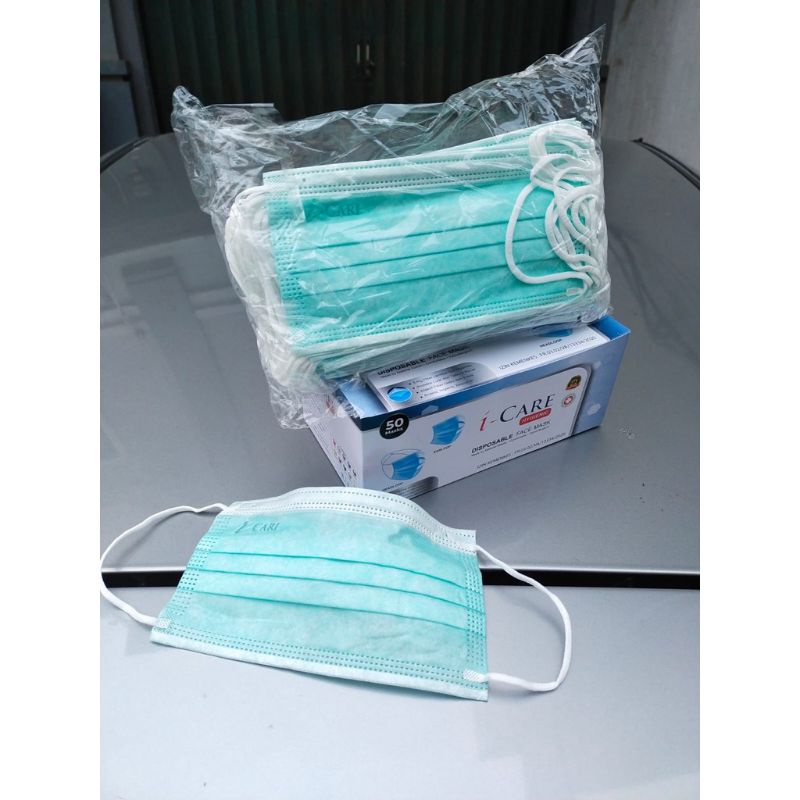 MASKER EARLOOP I-CARE 3 PLY HIJAU TOSCA DISPOSABLE FACE MASK ISI 50 PCS