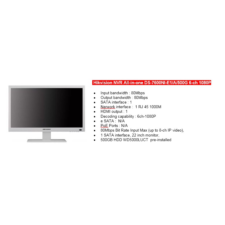 Hikvision NVR All-in-one DS-7600NI-E1/A/500G 6-ch 1080P