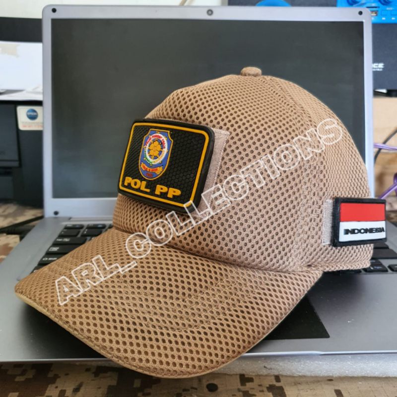 topi jaring double mes pol pp/topi pol pp cream plus 3 patch rubber/topi satpol pp