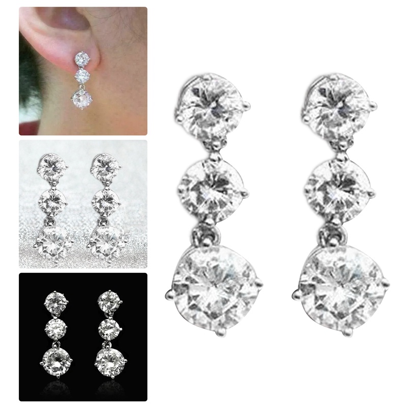 Anting Tusuk Gantung Wanita Desain 3 Bulat Hias Cubic Zirconia Gaya Simple Untuk Pertunanganpernikahan