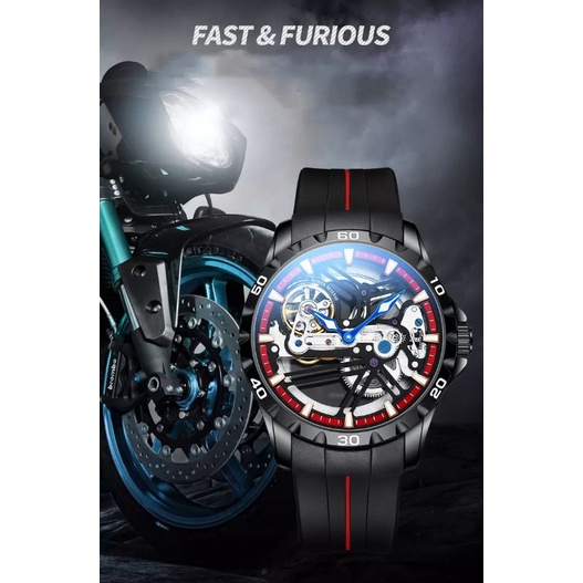 Jam Tangan Pria Mekanik Otomatis Ailang Excalibur Motor Cycle Open Heart Tourbillon Transparan