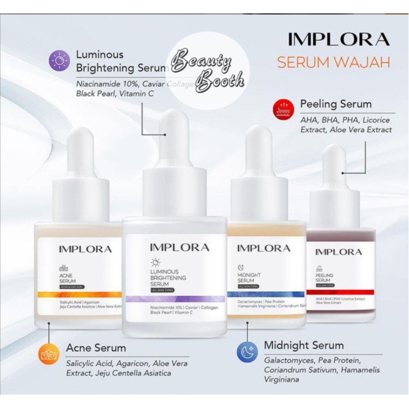 IMPLORA Face Serum | Serum Wajah 20ml | Acne | Midnight | Luminous Brightening | Peeling