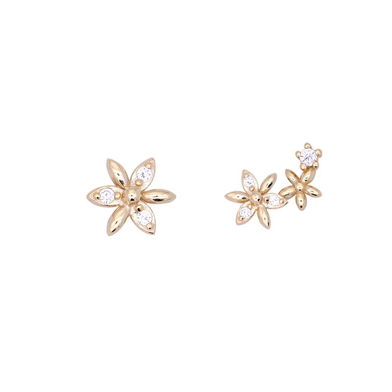 Anting Pejantan Bunga Asimetris Korea Sederhana Fashion Wanita Kristal Berlian S925 Sterling Perak Emas Stud Earrings