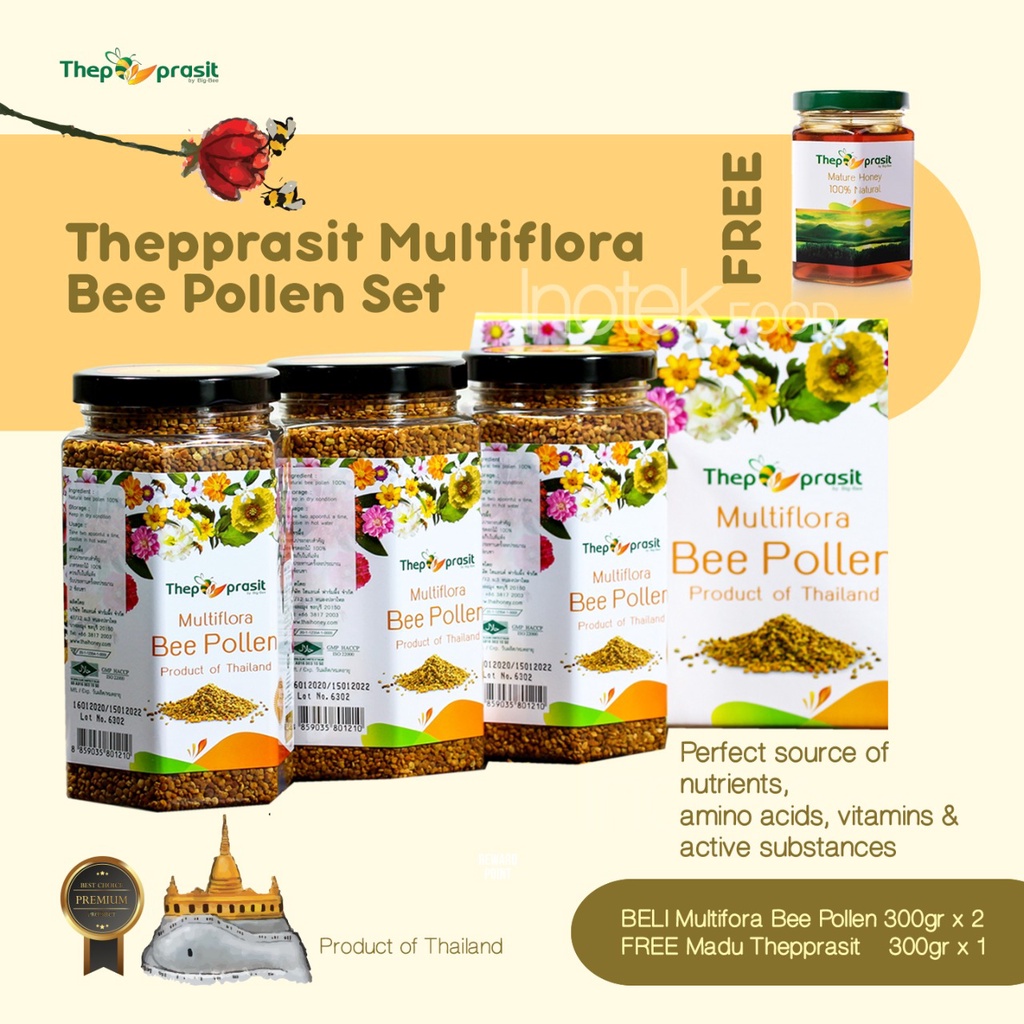 

Bee Pollen 330 gr 3 in 1 (isi 3 botol) FREE Honey Thepprasit 300gr 1 botol