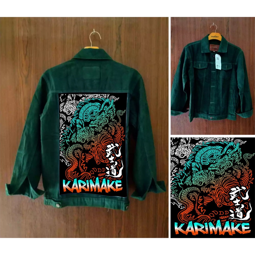 Eta Karimake jaket jeans hijau army gambar belakang macan batik printing 3 dimensi terbaru