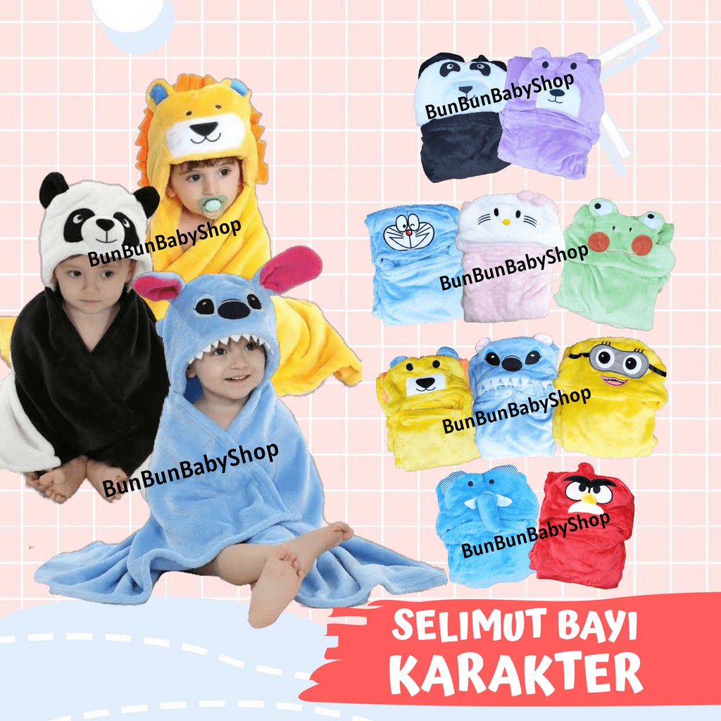 Selimut Karakter Bayi Murah Topi 3D Bulu Halus Lucu Perlengkapan Tidur Baby Newborn Baru Lahir