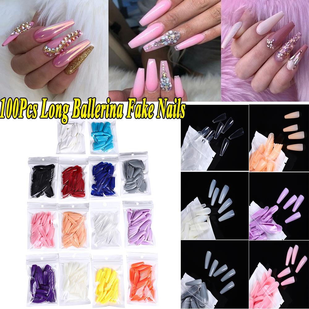 AUGUSTINA Agustinina Kuku Palsu DIY 100 Pcs/Set Warna Permen Ballerina Panjang Penuh Penutup Ekstensi Kuku Akrilik