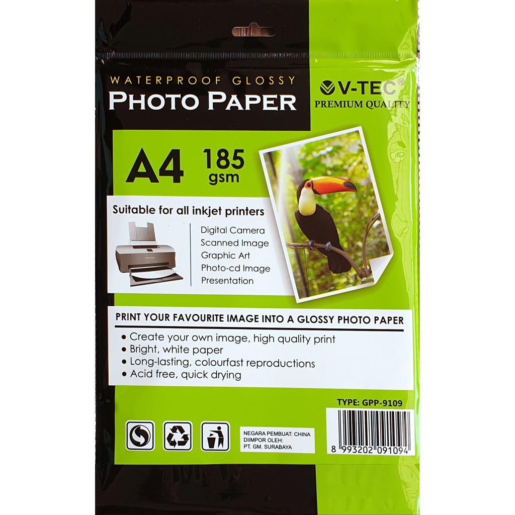 Kertas Photo - V-tec Waterproof Glossy Photo Paper 185 gsm - V-Tec GPP-9109