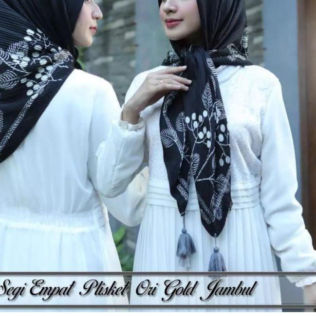 ♞ Jilbab segiempat voal plisket motif tasel jambul bandul / kerudung segiempat dennay plisket motif 