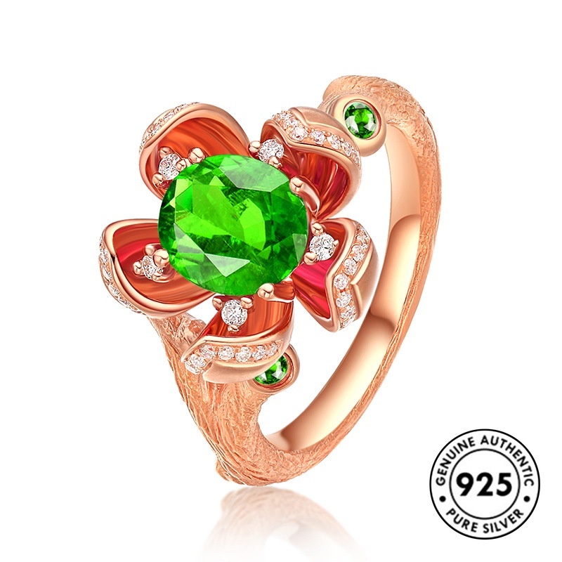 Cincin Desain Bunga Ruby Bahan S925 Silver Warna Rose Gold Untuk Wanita