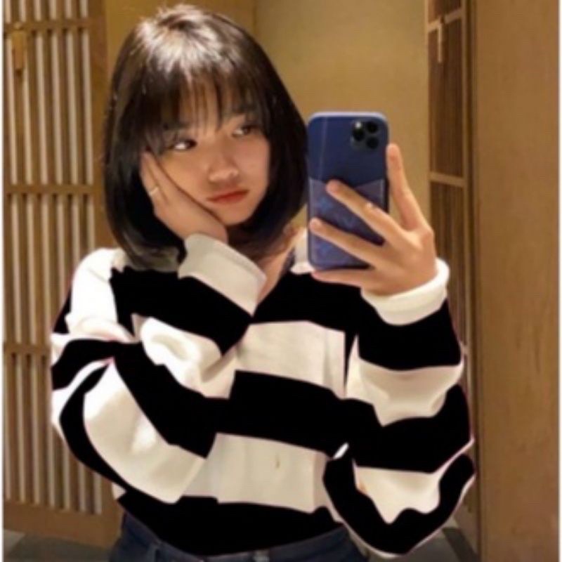 Blouse Crop Top Polo Sweater stripe byadinda rajut fuji Knit Korea