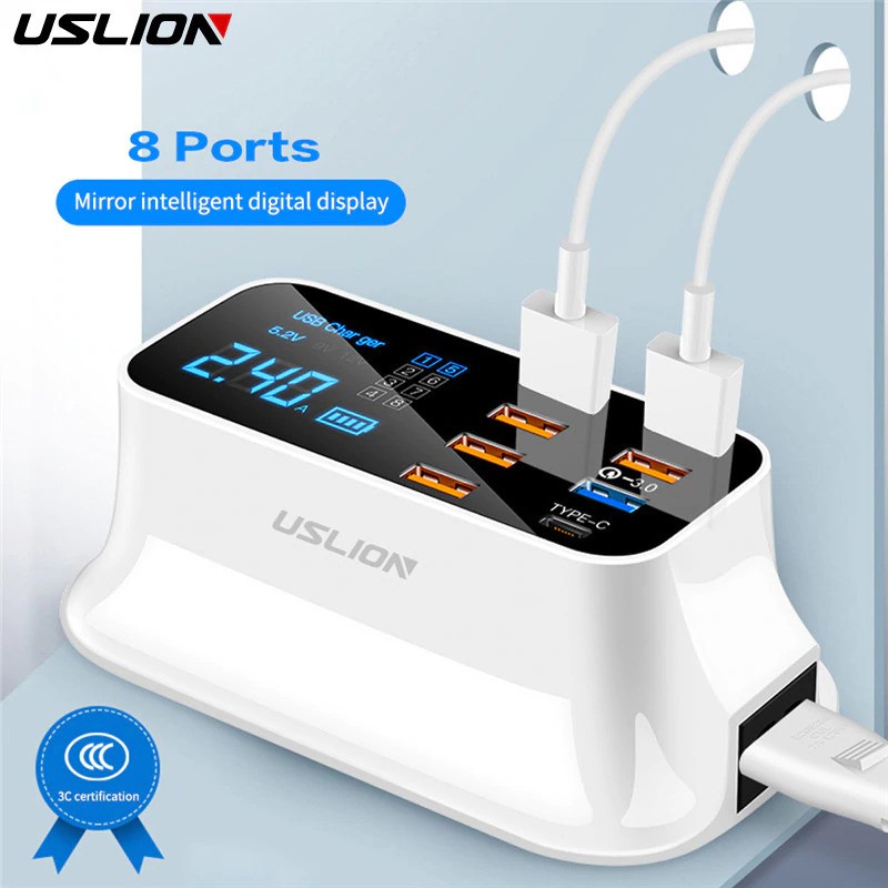 GS8 Charger USB Charging Station USB Type C + Type A 8 Port LED Display USLION White