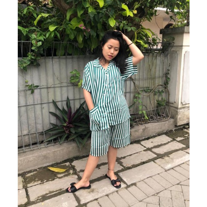 Piyama Setelan Daster Rayon Viscose Salur Hijau