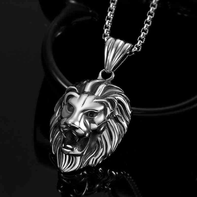 Kalung Liontin Kepala Singa Bahan Stainless Steel Gaya Vintage Punk Untuk Pria