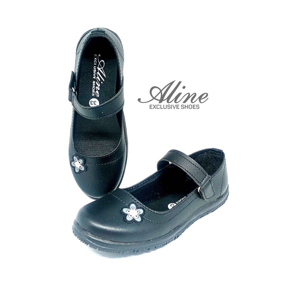 Aline Sepatu Anak Perempuan Size 26-35 Pantofel Sekolah Hitam PAUD TK SD Flats Bunga S01