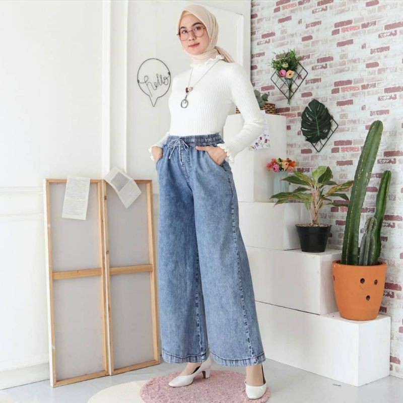 jeans kulot masa kini - all size - pinggang karet - bahan denim - tali depan