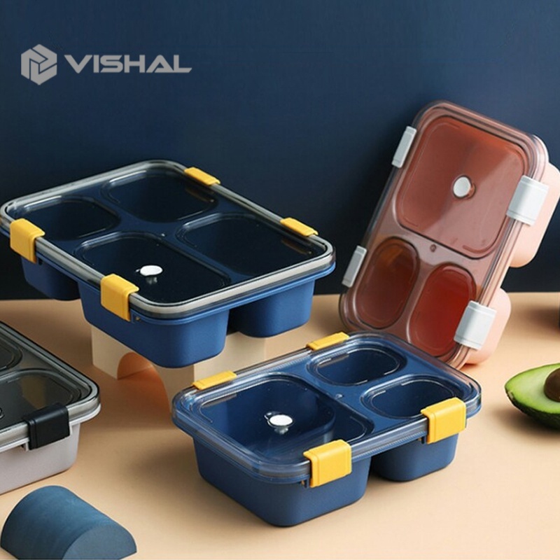 VISHAL 1250ml Kotak Makan 4 Grid Dengan Dengan Kotak Sup Dan Sendok Gratis Anti Tumpah Berbahan
