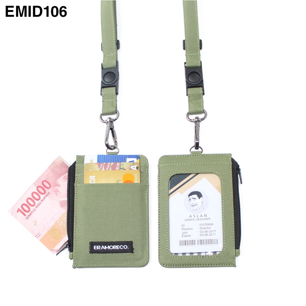 EMID106 name tag gantungan dompet ID card holder tali lanyard zipper kartu hijau army