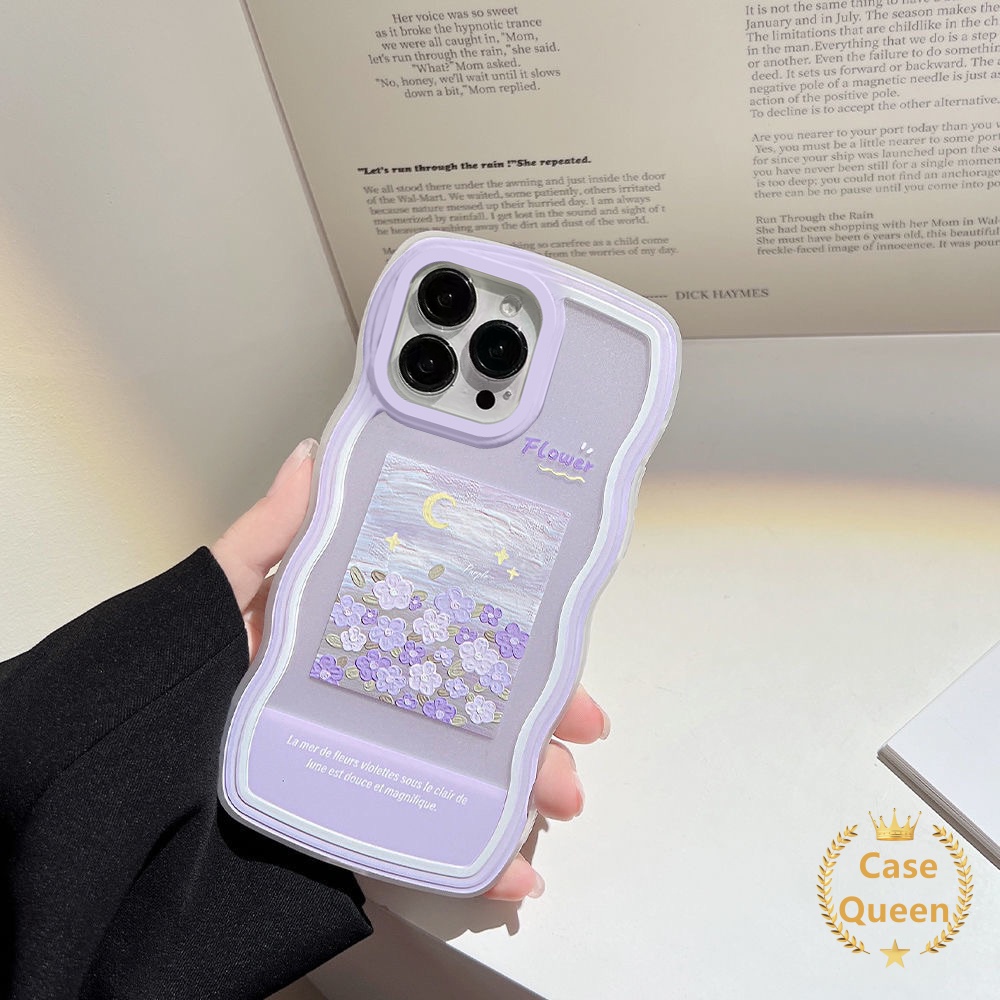 Fashion Lukisan Cat Minyak Ungu Bunga Case Oppo A17 A16 A15 A57 2022 A15s A12 A54 A7 A5s A16s A17K A53 A33 2020 A3s A11K A35 A32 A12e Wavy Edge TPU Soft Back Cover