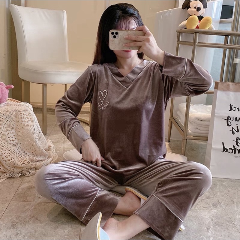 JC- Set Piyama Bulu Bludru PP / Piyama Kimono wanita terbaru / Stelan Bludru Premium import Murah-VBludru Love BrownPP