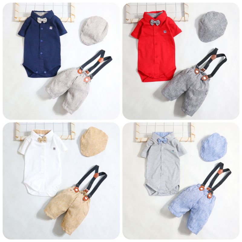 Baju setelan Jumper Suspender Anak Bayi Laki-laki plus topi / Setelan Suspender Bayi Size 3 -9 Bulan-Polos