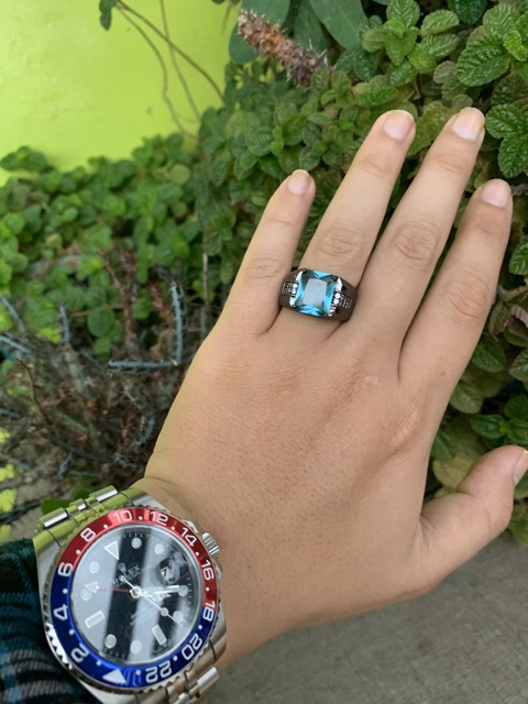 Cincin Casual Pria Akik Topaz Sky Blue Aquamarine Ring Hitam 18 K Gold Filled