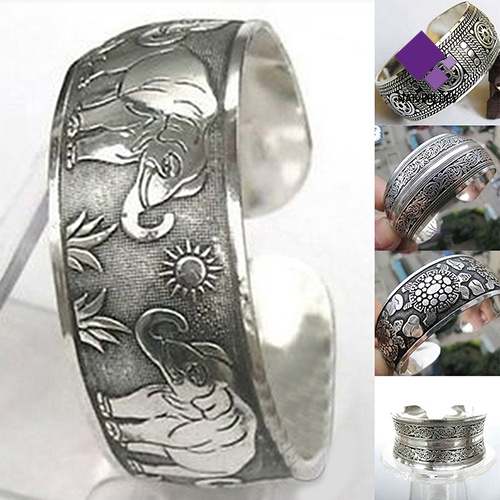 Gelang Bangle Cuff Model Lebar Motif Ukiran Gajah Warna Silver Gaya Vintage Tibet