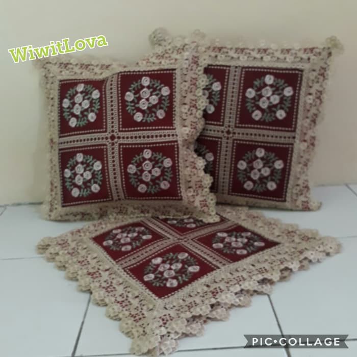 Sarung Bantal Sofa Kursi Minimalis Vintage Merah Maroon Renda Organdy