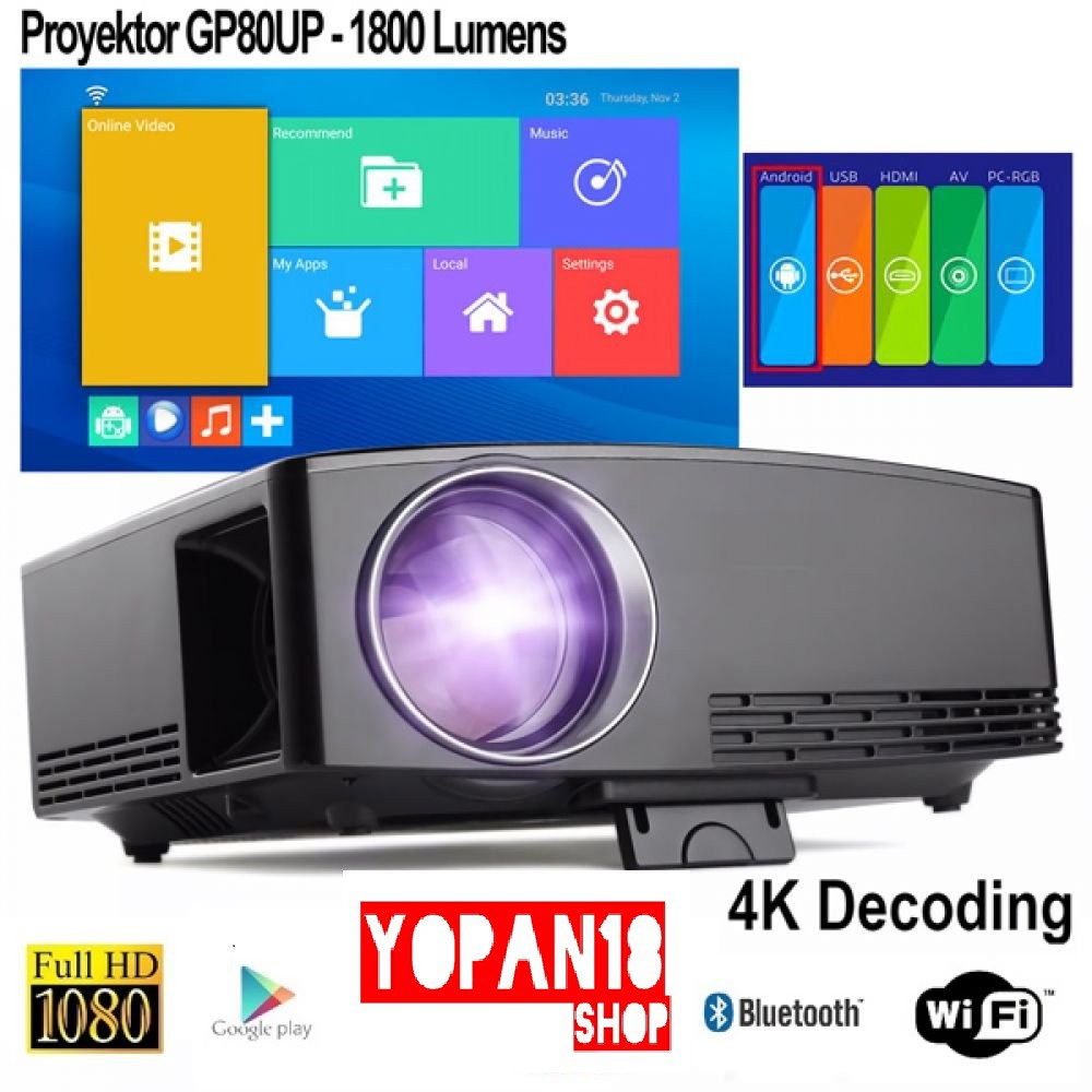 Android 6.01 GP80UP Mini Projector LED 1800 Lumens 4K Video Proyektor Android Wifi Infocus Nobar