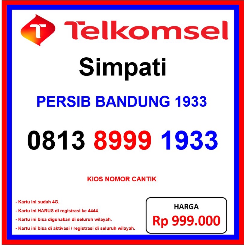 nomor cantik simpati 0813 8999 1933 nomer cantik PERSIB BANDUNG 1933 no kartu perdana telkomsel PERS