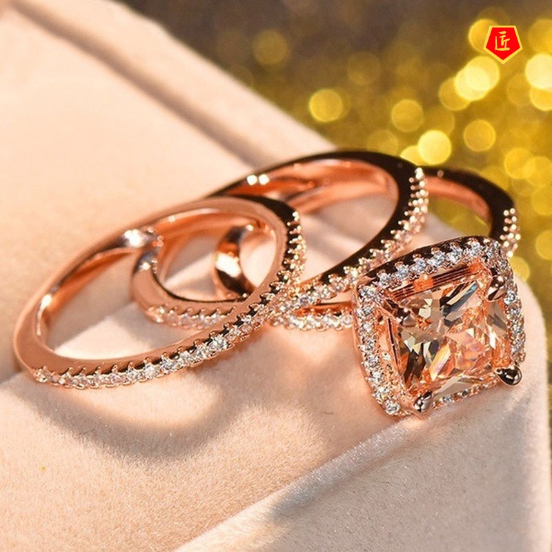 [Ready Stock]Fashion 18K Rose Gold Full Diamond Three Ring Set